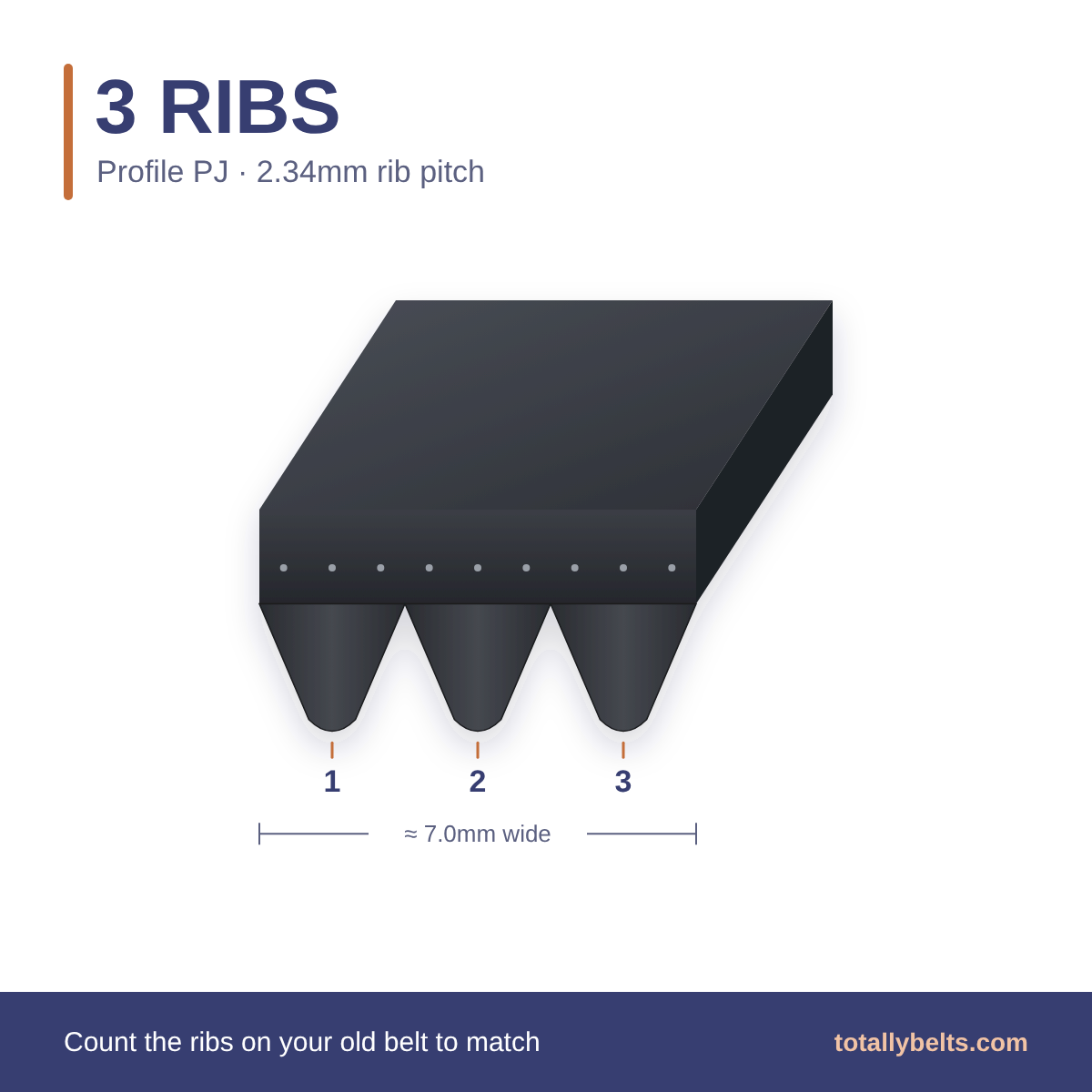 PJ ribbed belt with 3 ribs, numbered