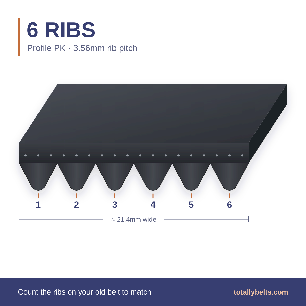 PK ribbed belt with 6 ribs, numbered
