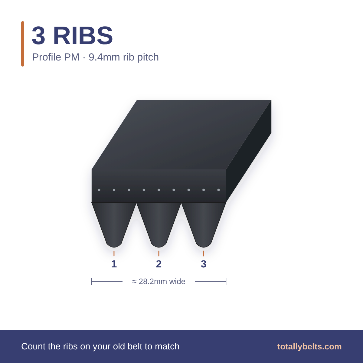 PM ribbed belt with 3 ribs, numbered