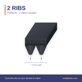PJ ribbed belt with 2 ribs, numbered