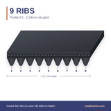 PJ ribbed belt with 9 ribs, numbered