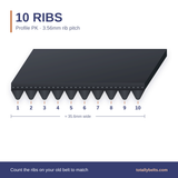 PK ribbed belt with 10 ribs, numbered