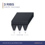 PM ribbed belt with 3 ribs, numbered