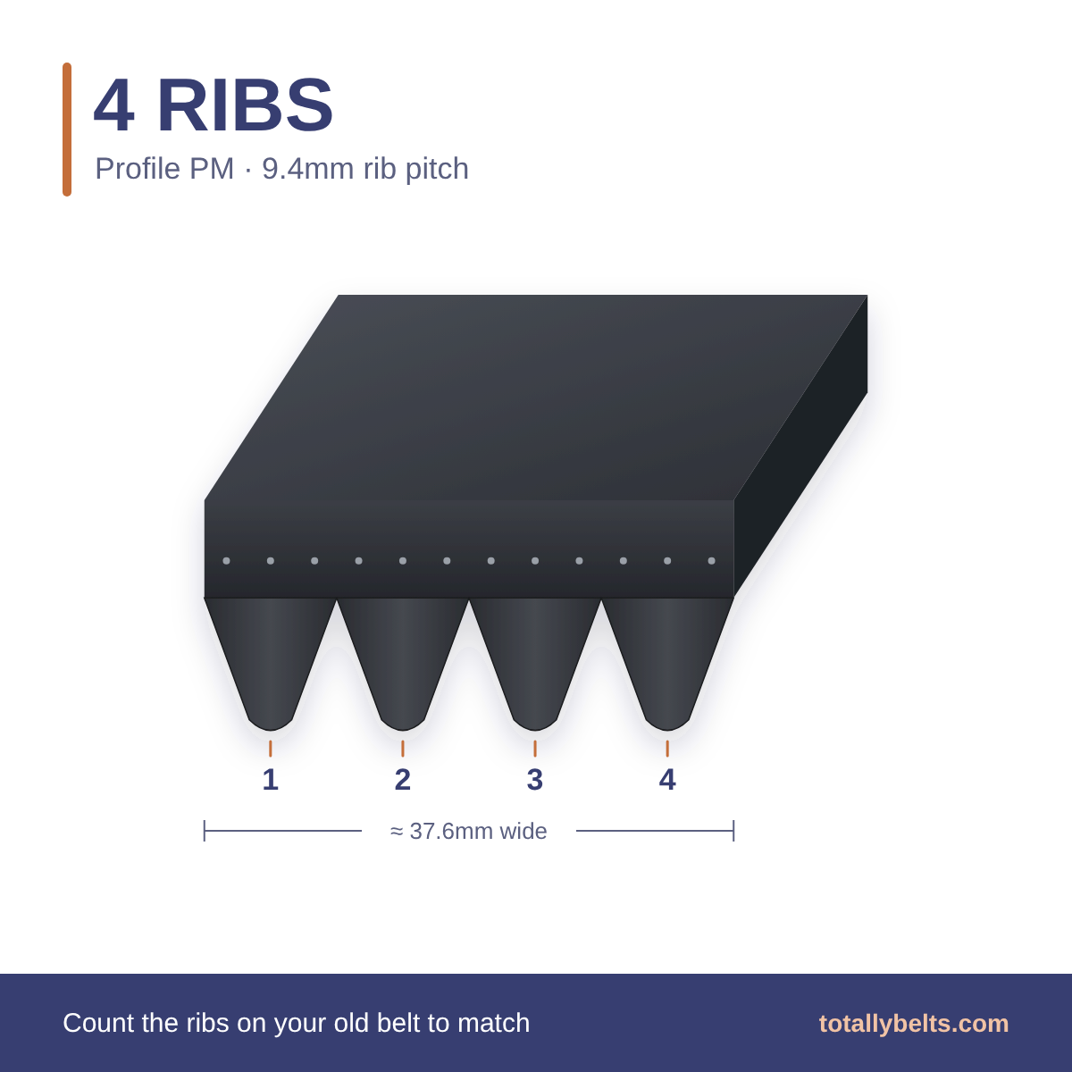 PM ribbed belt with 4 ribs, numbered