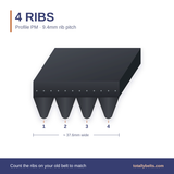 PM ribbed belt with 4 ribs, numbered