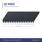 PM ribbed belt with 18 ribs, numbered